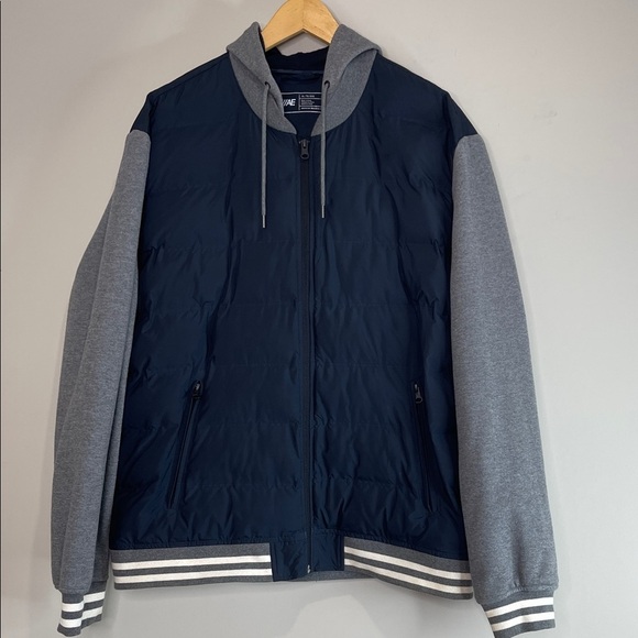 American Eagle Men’s Puffer Varsity Bomber Jacket Navy Blue Grey Lightweight XL - Picture 2 of 12